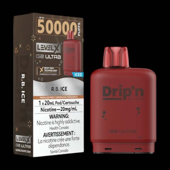 Level X Drip'n G2 Ultra Pod, R.B. Ice flavour, high-capacity pre-filled pod with 50,000 puffs, optimized for Ontario and Quebec vapers.
