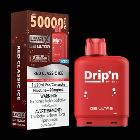 Level X Drip'n G2 Ultra Pod, Red Classic Ice flavour, smooth and flavourful vaping with extended longevity, designed for Ontario and Quebec customers.