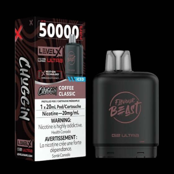 Flavour Beast Level X G2 Ultra Pod 20mL, Chuggin' Doc Fizz flavour, smooth vaping with adjustable airflow and long-lasting 20mL e-liquid capacity, ideal for Ontario and Quebec vapers.