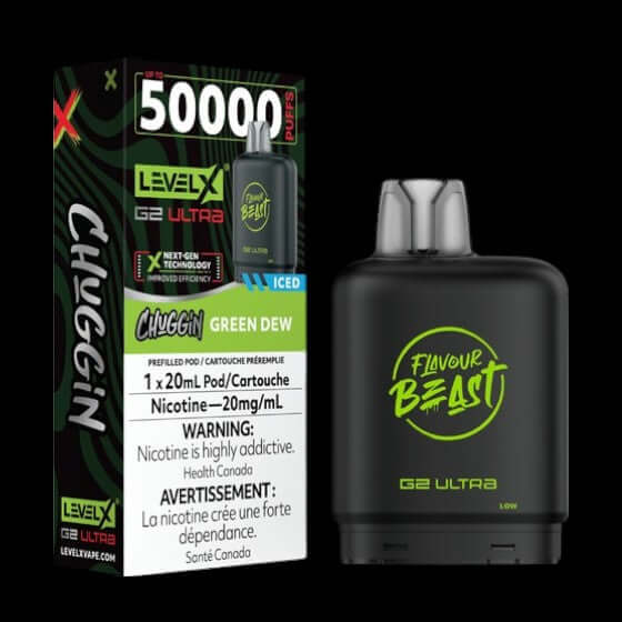 Flavour Beast Level X G2 Ultra Pod 20mL, Chuggin' Mango Spritz flavour, dual mesh coil with adjustable airflow, up to 50,000 puffs, nicotine-free, designed for Ontario and Quebec vapers.
