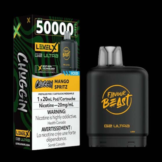 Flavour Beast Level X G2 Ultra Pod 20mL, Chuggin' Purple Fizz flavour, smooth vaping with adjustable airflow, up to 50,000 puffs, designed for Ontario and Quebec vapers
