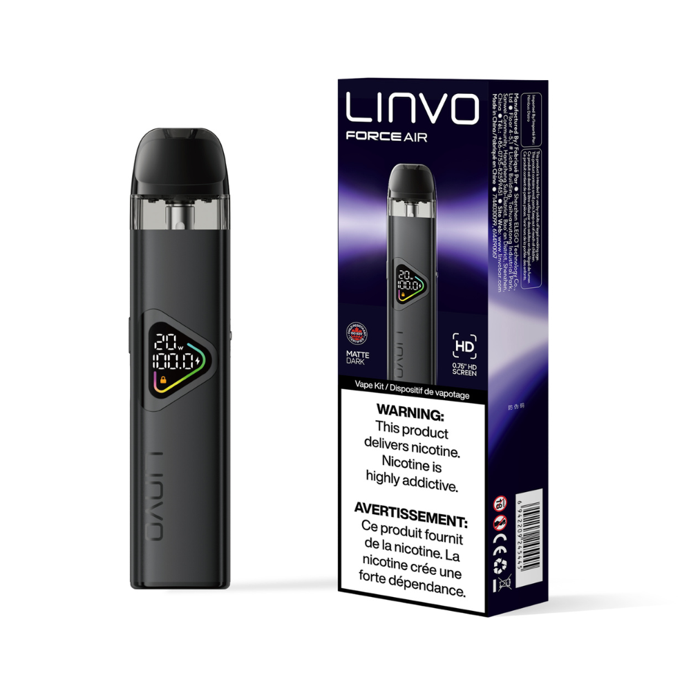 LINVO Force Air vape device and packaging on a white background with Matte Dark color