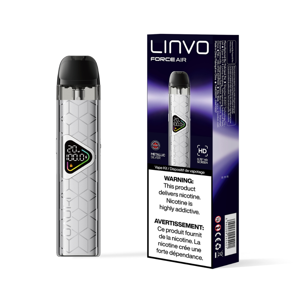 LINVO Force Air vape device and packaging on a white background with Metallic Silver color