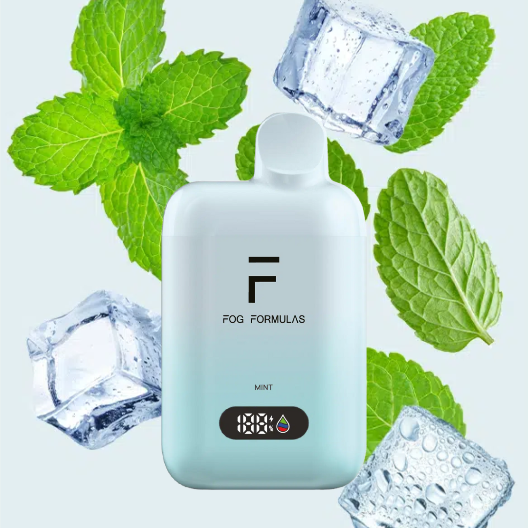 Series 15000 Disposable FOG Formulas Series mint flavor with ice cubes and fresh mint leaves