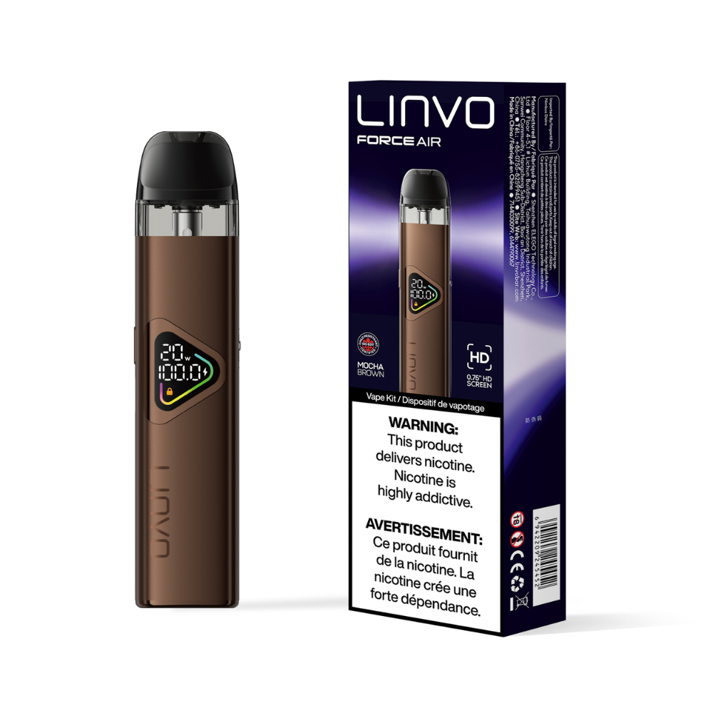 LINVO Force Air vape device and packaging on a white background with Mocha Brown color