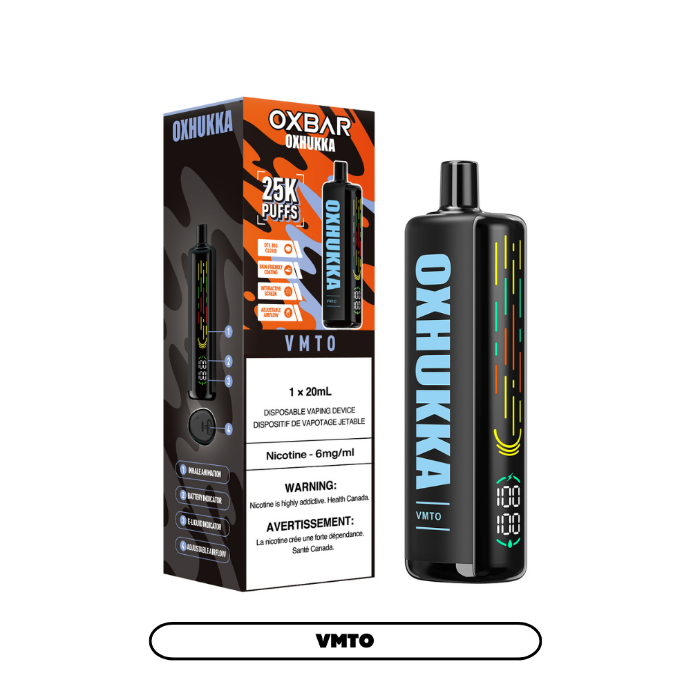 OXBAR Oxhukka Blueberry disposable vape with 25,000 puff capacity, dual mesh coil, USB-C rechargeable battery, ideal for Ontario and Quebec vapers seeking blueberry flavor excellence.