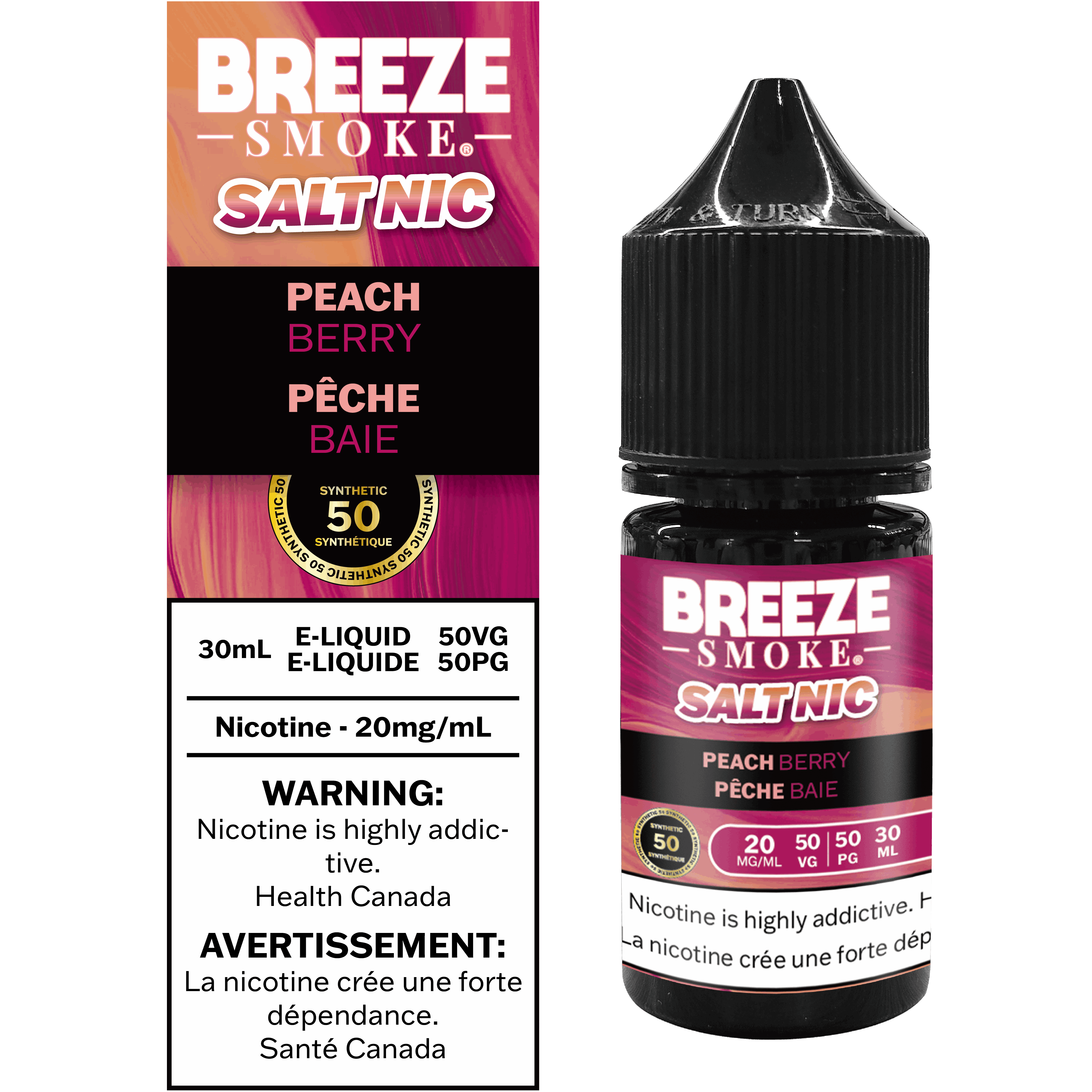 Breeze Smoke Salt Nic peach berry e-liquid bottle and packaging on a white background