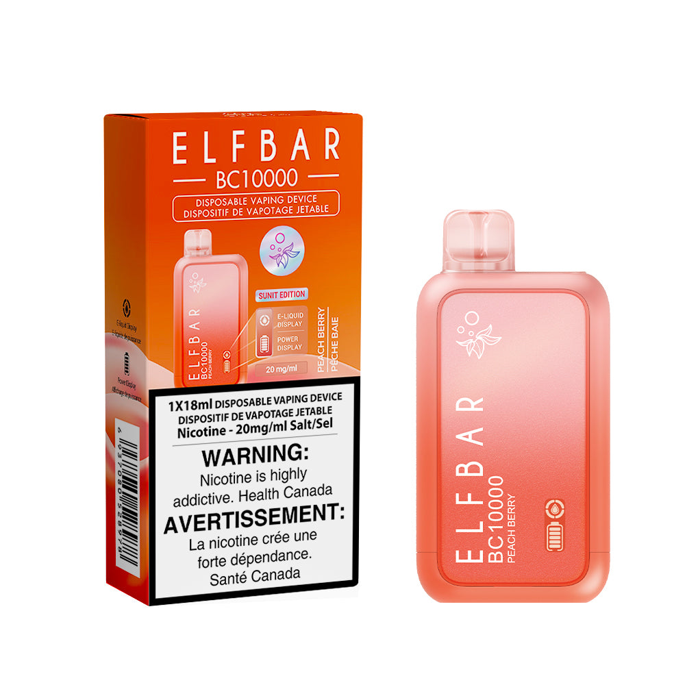 ELF BAR disposable vaping device packaging with warning label on a white background. Elf Bar BC10K Peach Berry