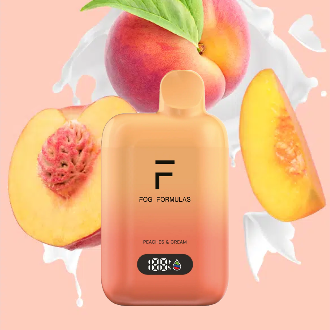 Series 15000 Disposable FOG Formulas Series Peaches and Cream flavor with peach slices and cream background.