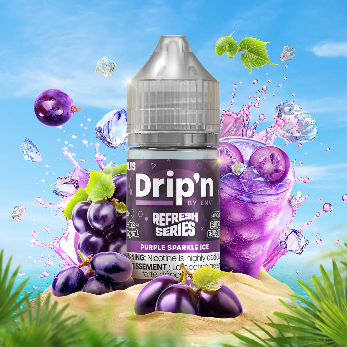 DRIP'N Refresh Series Salt 30mL bottle with Purple Sparkle Ice flavor and vibrant tropical background.