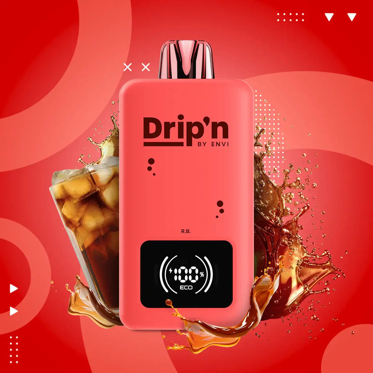 DRIP'N by Envi 26mL on a vibrant red background with iced beverage splashing around it.
