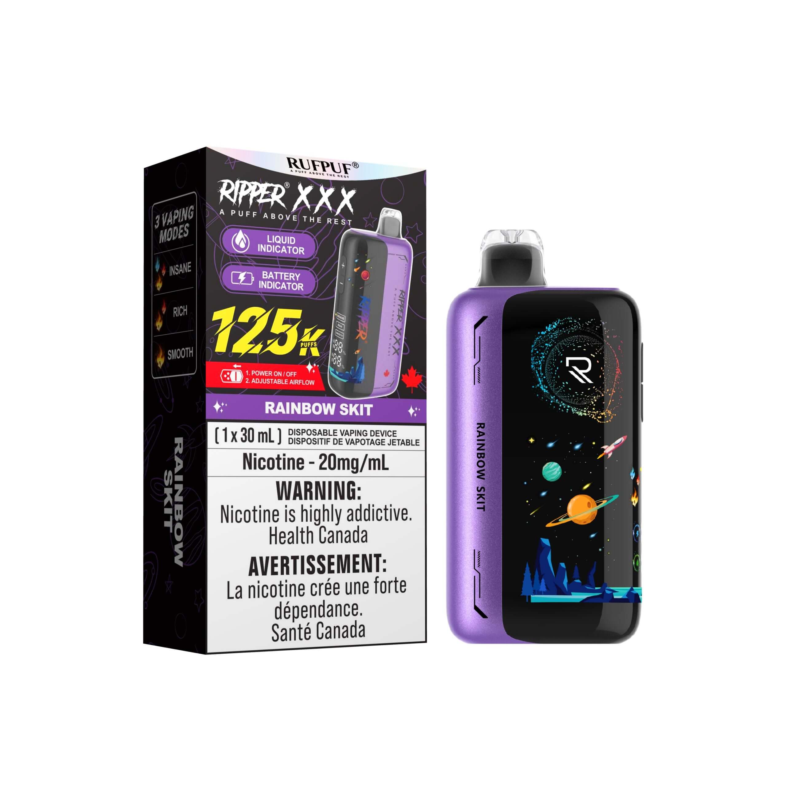 Ripper XXX 125K Disposable Vape - RufPuf with rainbow skit flavor and packaging details.