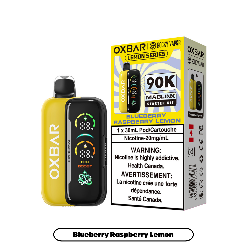 Rocky Vapor Oxbar Megalink Blueberry Raspberry Lemon 90K on White Background