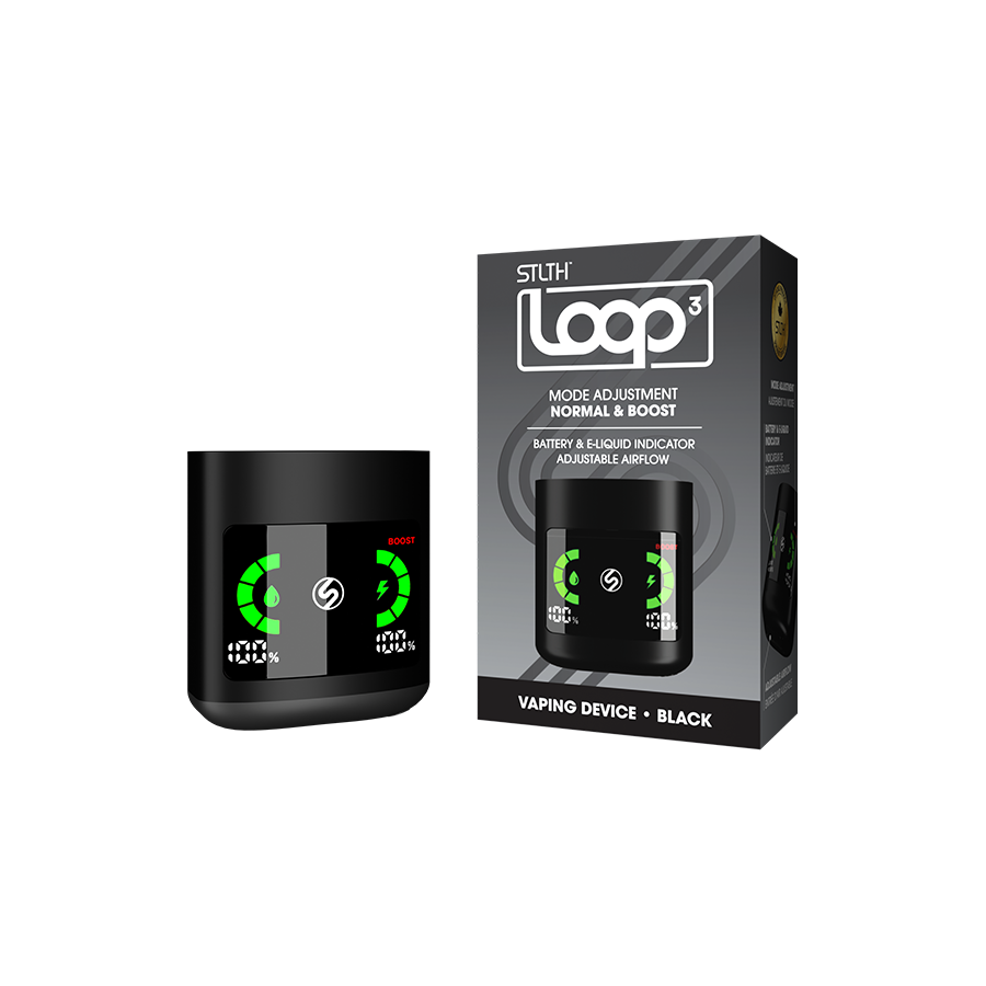 STLTH Loop 3 Device, Black color, featuring a powerful 1000 mAh battery with Boost Mode for enhanced vaping performance, designed for users in Ontario and Quebec.