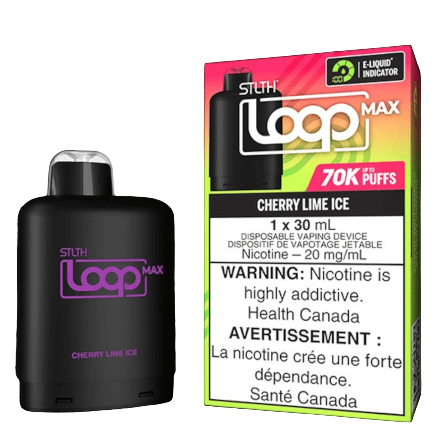 STLTH Loop MAX, Cherry Lime Ice flavour, refreshing citrus and berry notes with smooth nicotine delivery, premium vaping device ideal for Ontario and Quebec vapers.