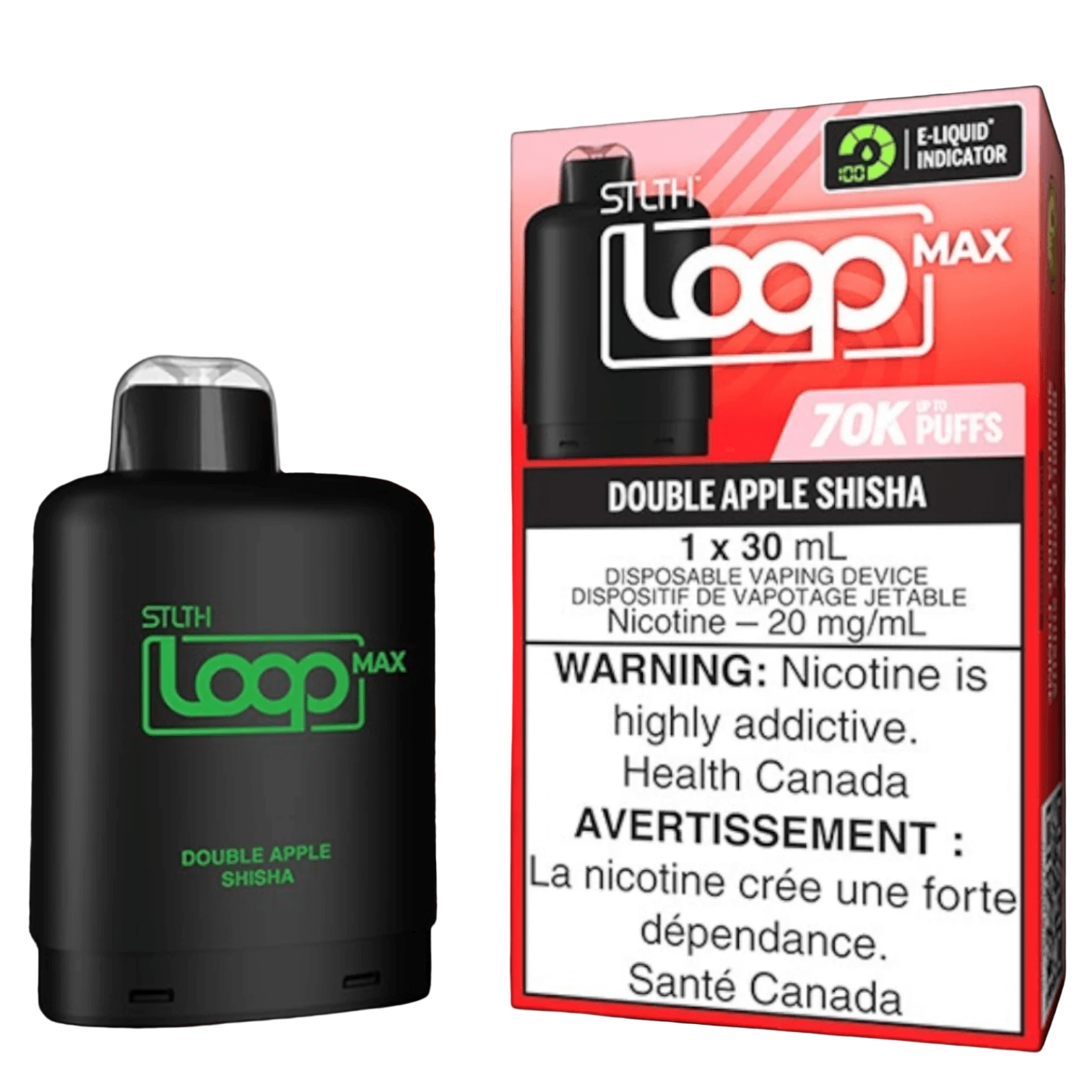 STLTH Loop MAX, Double Apple Shisha flavour, high-capacity rechargeable vaping device with long-lasting performance and adjustable settings, designed for Ontario and Quebec vapers.
