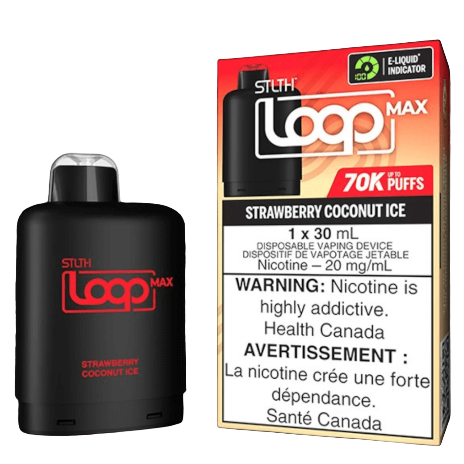 STLTH Loop MAX, Strawberry Coconut Ice flavour, adjustable airflow for smooth to boosted vaping, ideal for Ontario and Quebec vapers.
