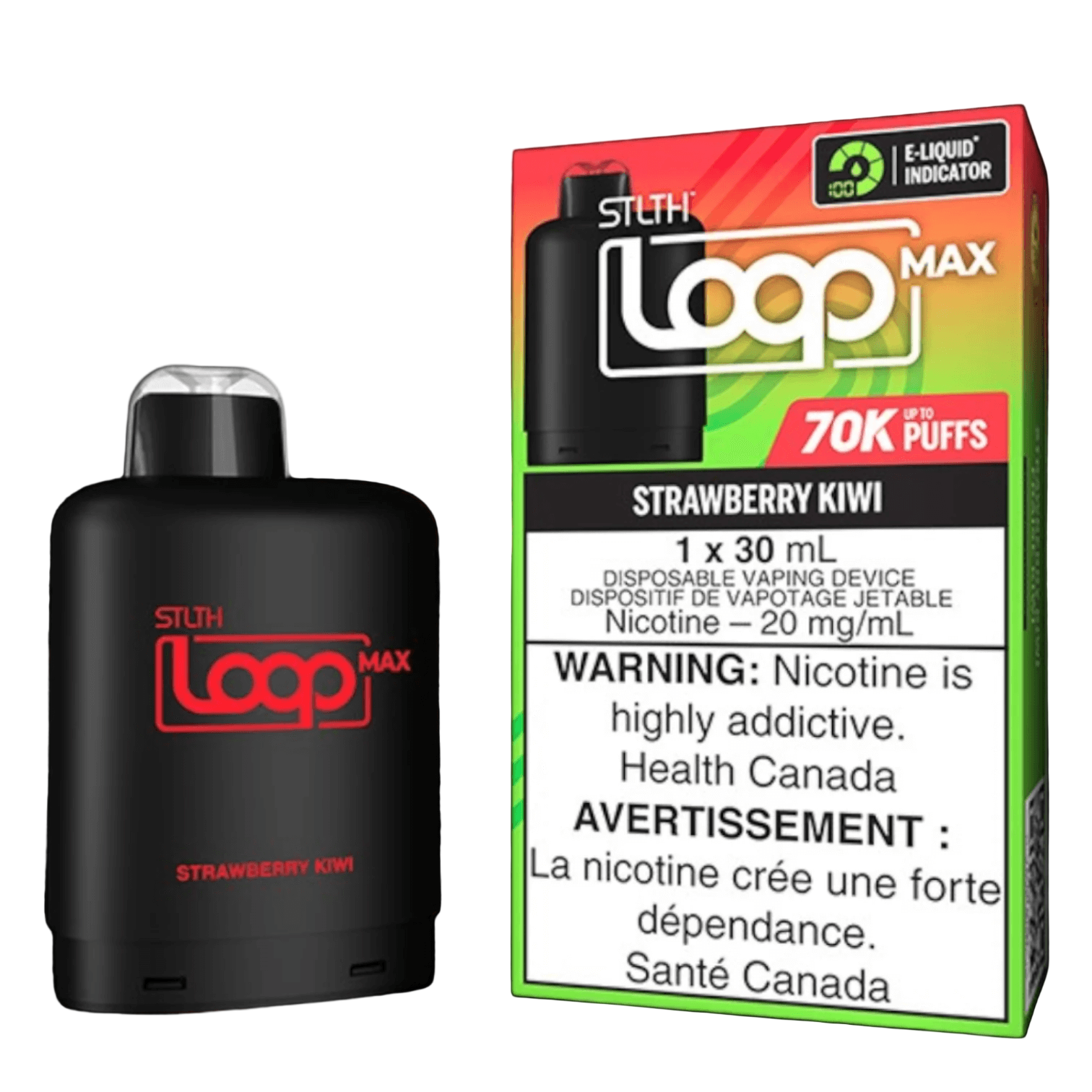 STLTH Loop MAX, Strawberry Kiwi flavour, customizable airflow, magnetic pod for easy replacement, smooth or boosted nicotine hit, ideal for vapers in Ontario and Quebec.