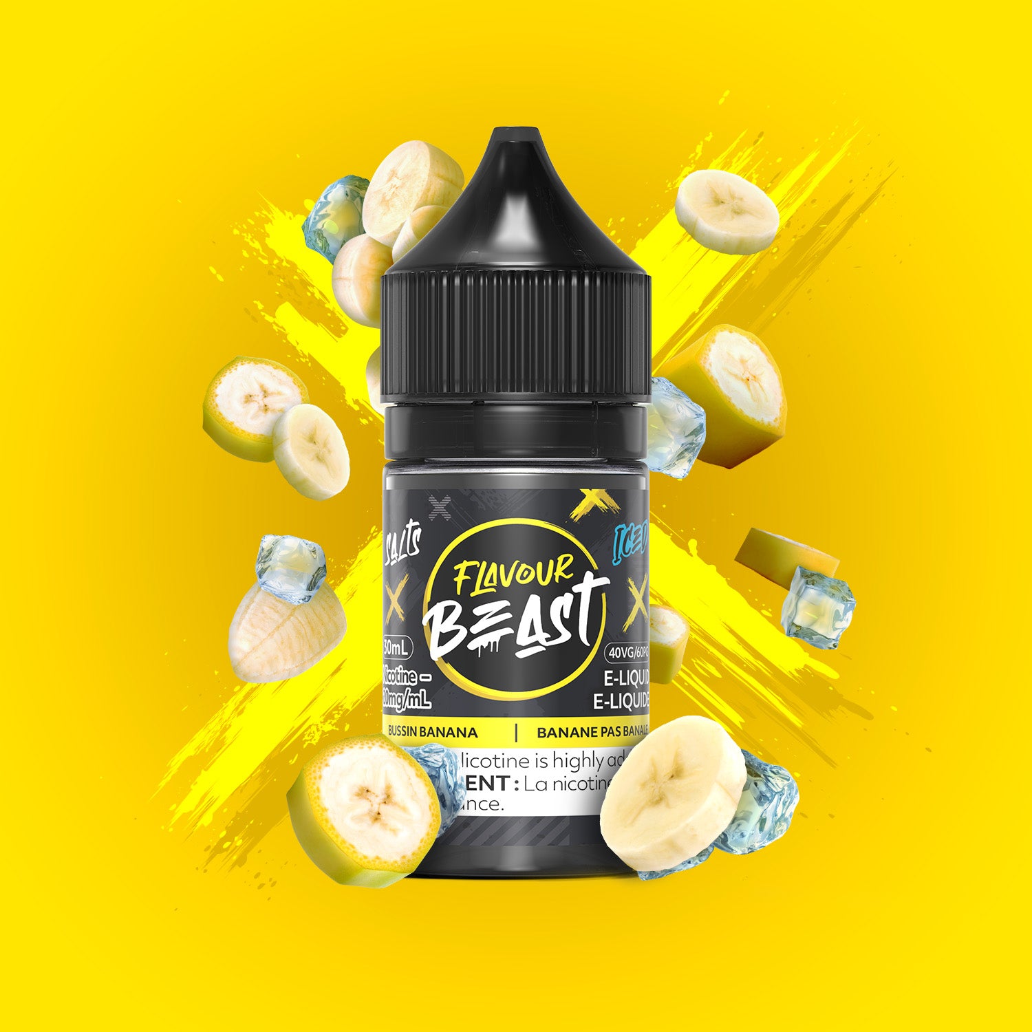 Flavour Beast E-Liquid Salt, Blazin Banana Blackberry flavour, 30mL bottle with 10mg nicotine salt, robust and intense vape juice for long-lasting satisfaction, ideal for Ontario and Quebec vapers.
