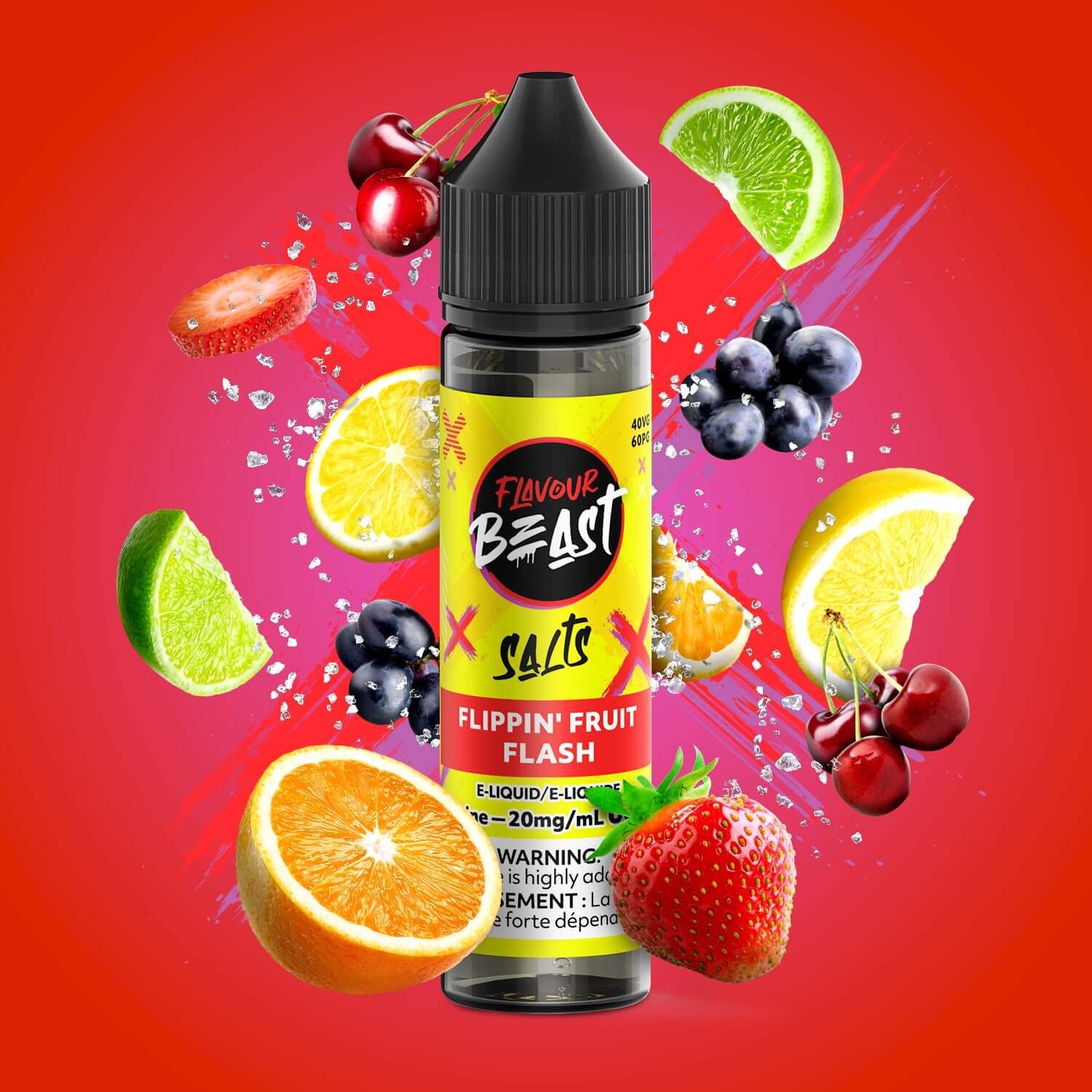 Flavour Beast E-Liquid Salt Nic 60mL, Flippin' Fruit Flash flavour, intense bold salt nic vape liquid, ideal for Ontario and Quebec vape enthusiasts
