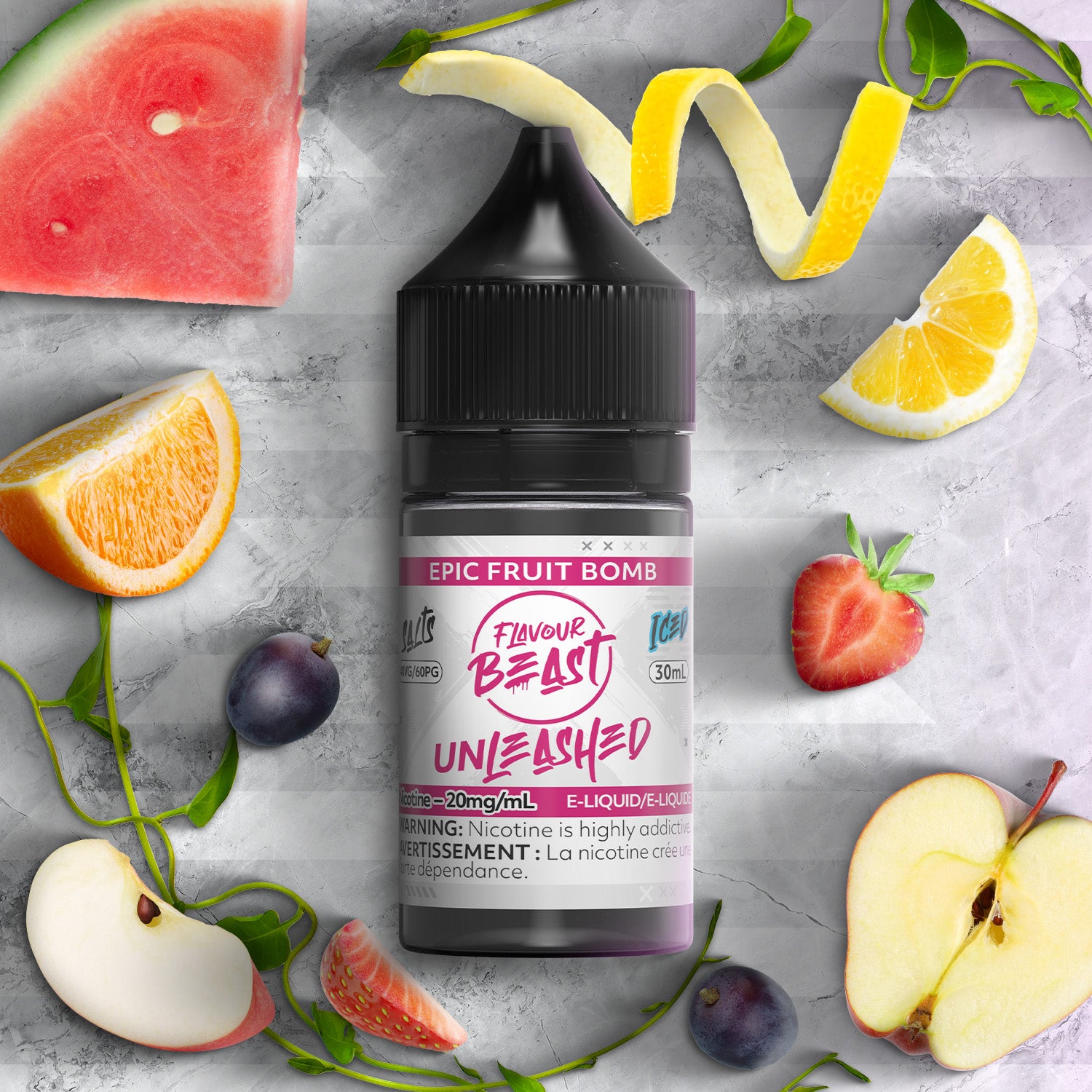 Flavour Beast Unleashed E-Liquid, Epic Cantaloupe Watermelon flavour, refreshing salt nicotine vape juice, crafted for vapers in Ontario and Quebec.