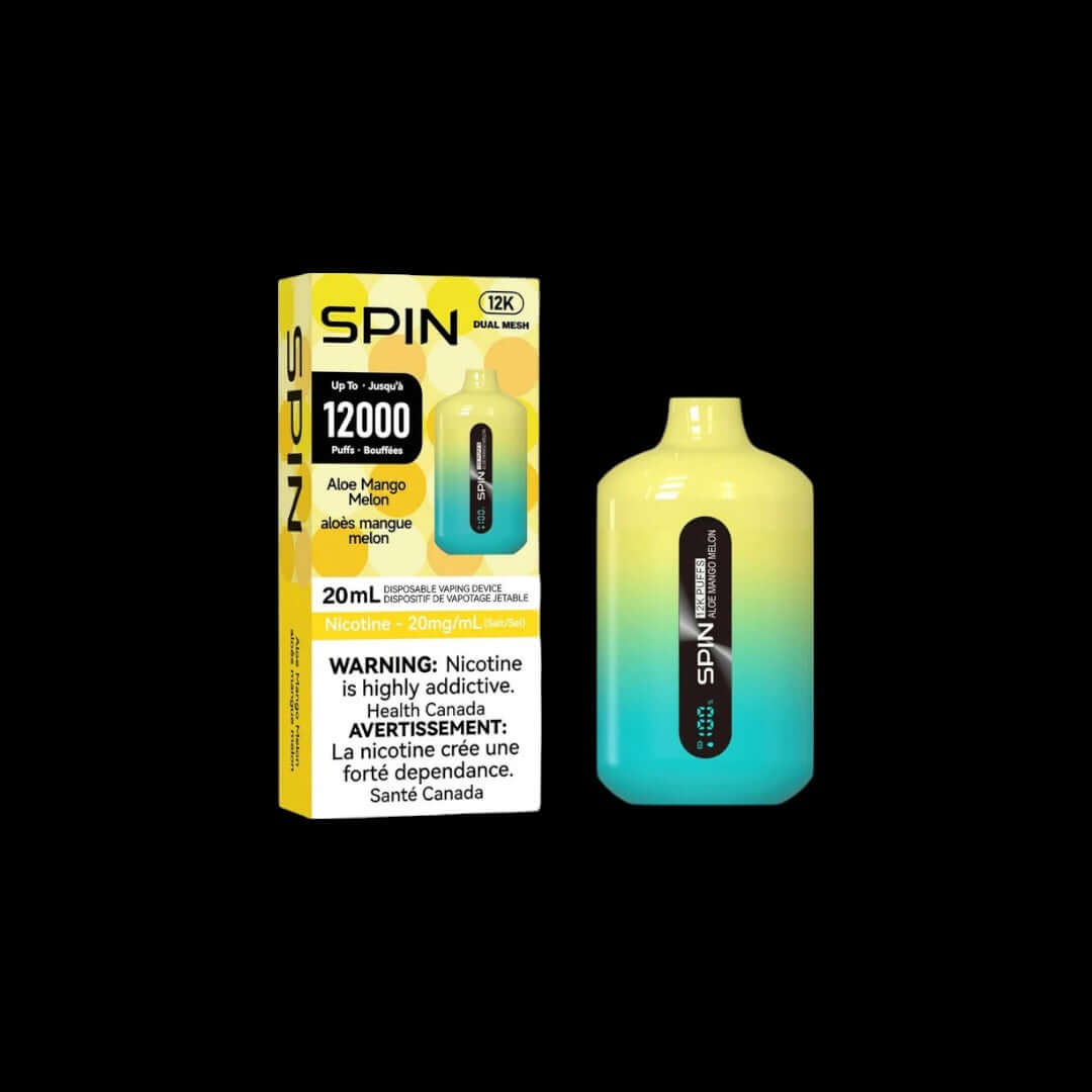 Spin 20mL Aloe Mango Melon flavour, 12,000 puffs with smooth dual mesh coil, buy 2 get 1 free, ideal for Ontario and Quebec vapers