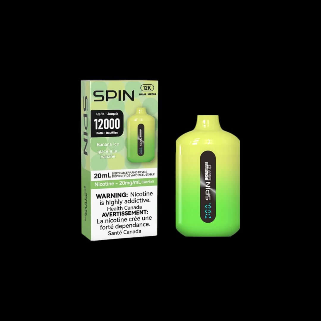 Spin 20mL (Buy 2, get 1 Free), Banana Ice flavour, refreshing dual mesh coil vape pod for unbeatable taste and performance, ideal for Ontario and Quebec vapers.