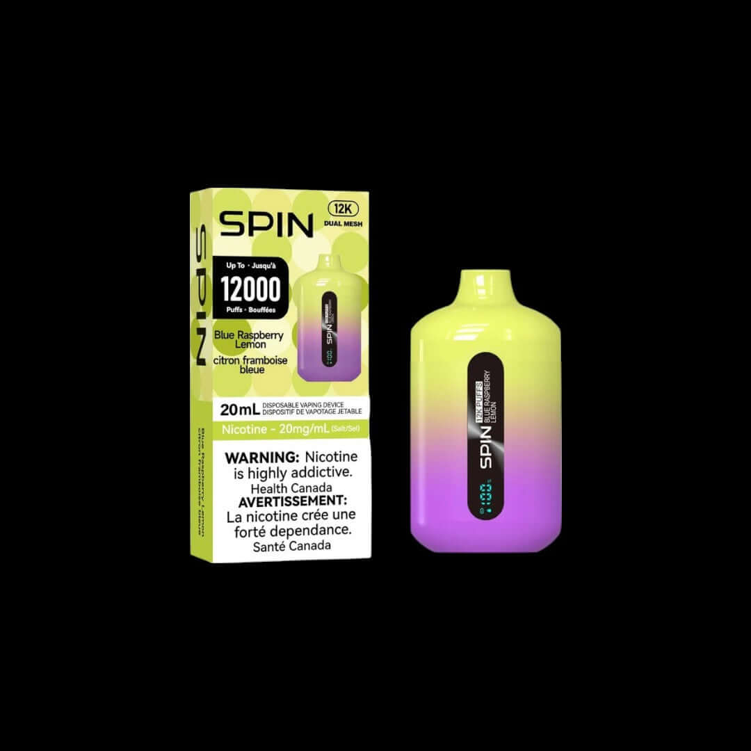 Spin 20mL, Blue Raspberry Lemon flavour, 12,000 puffs disposable vape, long-lasting, ideal for Ontario and Quebec vapers, buy 2 get 1 free offer.