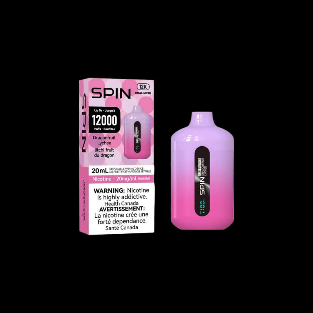 Spin 20mL Dragonfruit Lychee Disposable Vape, Buy 2 Get 1 Free offer, bold Dragonfruit Lychee flavour, designed for endurance and smooth hits, perfect for Ontario and Quebec vapers.