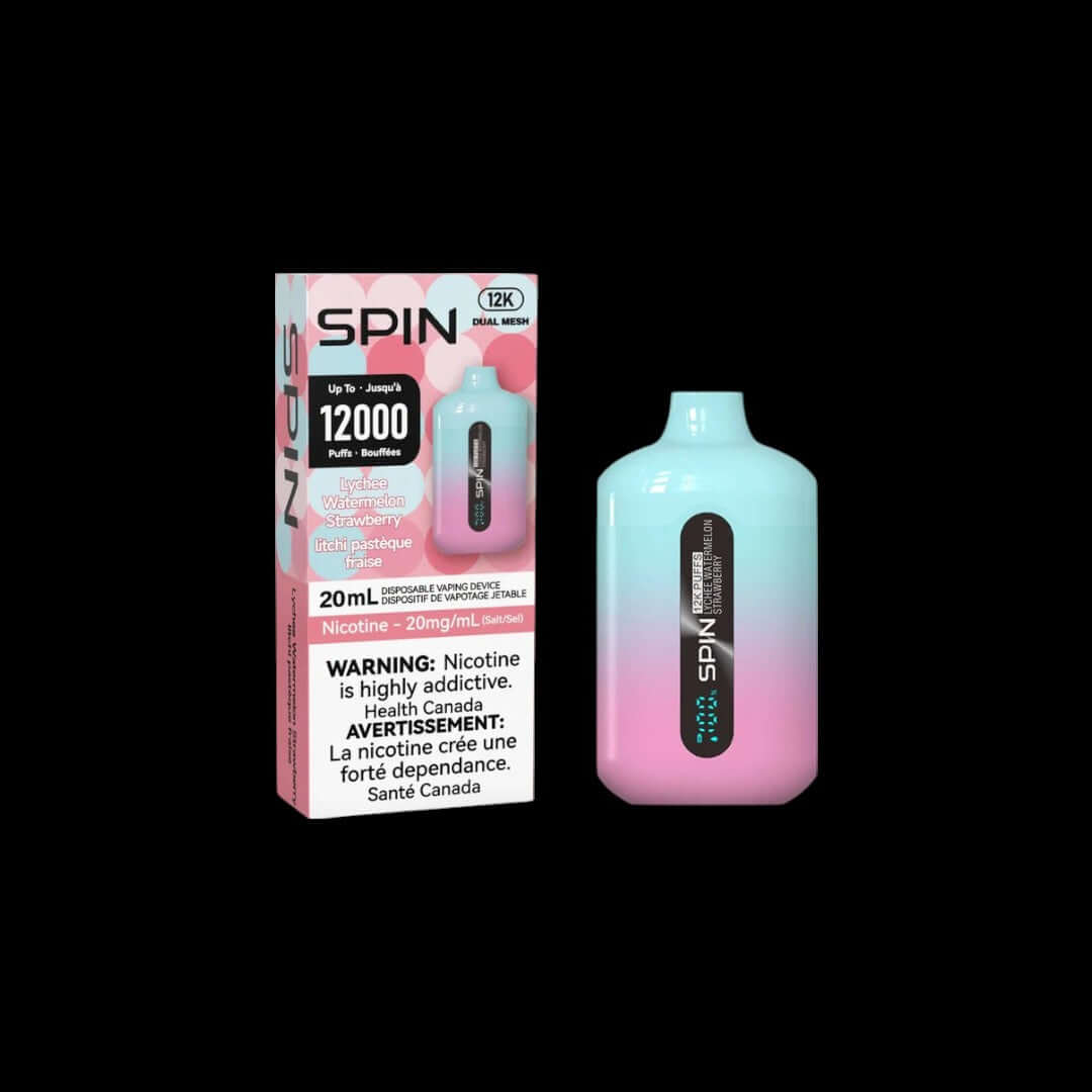 Spin 20mL vape, Lychee Watermelon Strawberry triple fruit flavour, long-lasting smooth Spin 12K device, perfect for Ontario and Quebec vapers, Buy 2 Get 1 Free offer.