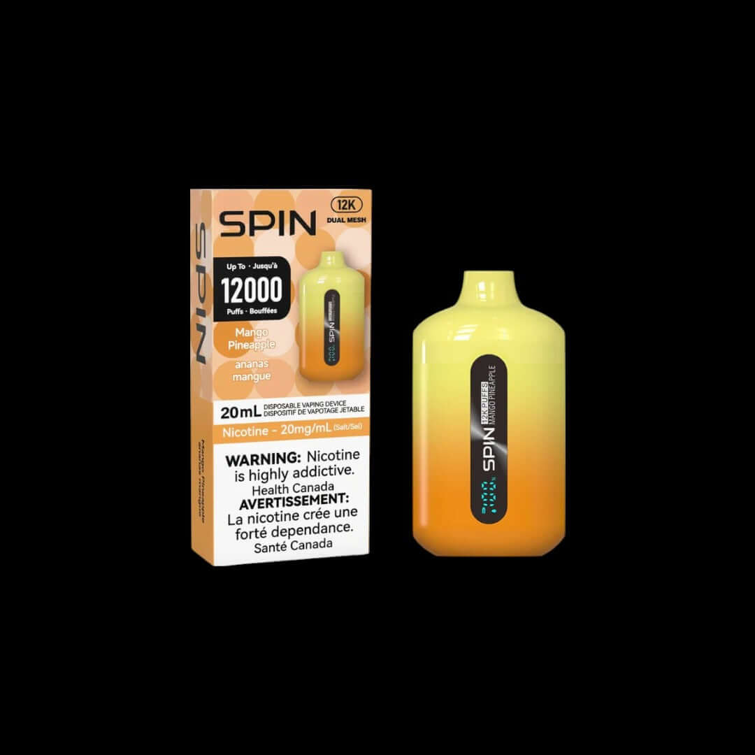Spin 20mL, Mango Pineapple flavour, long-lasting smooth dual mesh coil vape pod, buy 2 get 1 free offer, ideal for Ontario and Quebec vapers.
