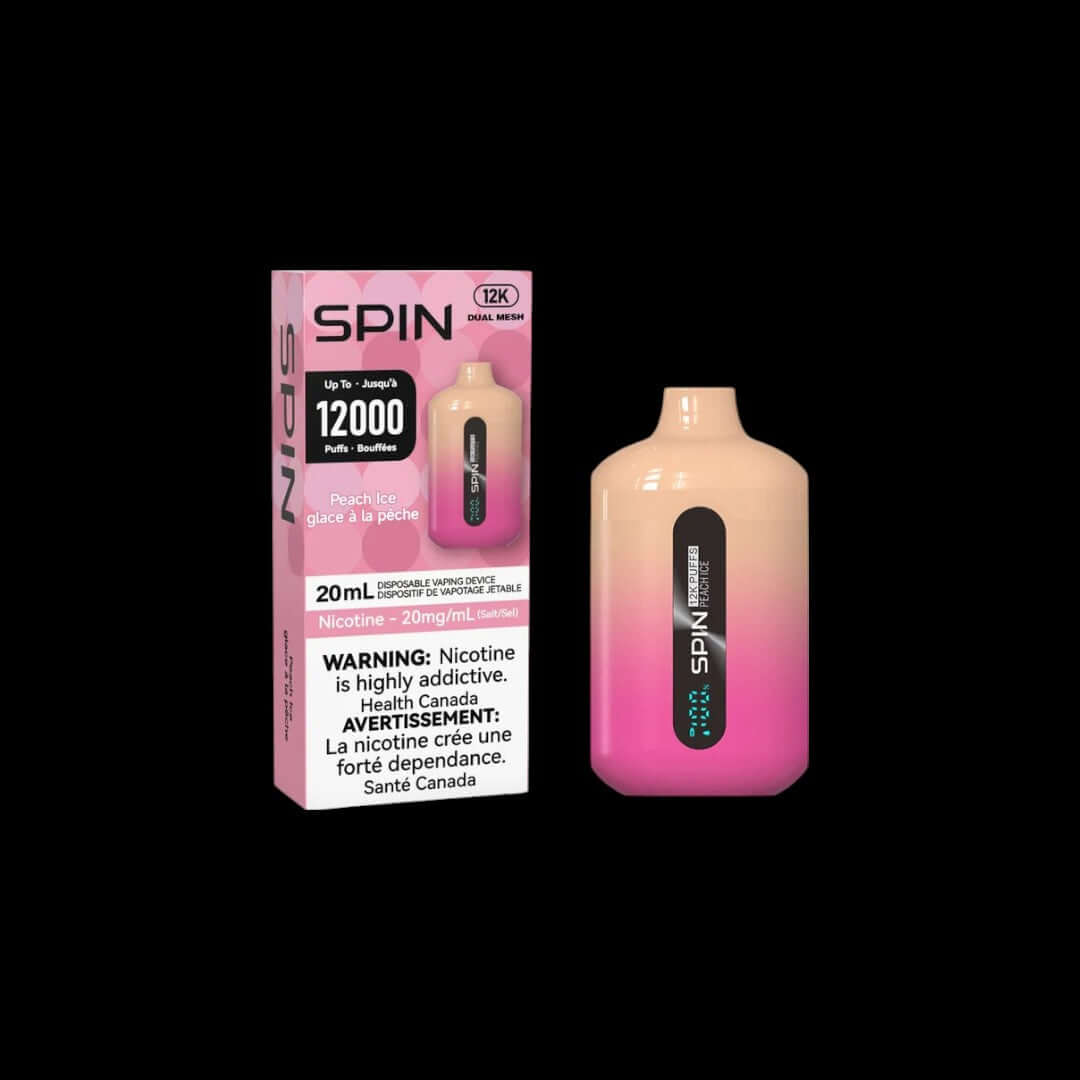 Spin 20mL Peach Ice flavour vape, smooth fresh taste, powerful 12,000 puff capacity, buy 2 get 1 free, ideal for Ontario and Quebec vapers