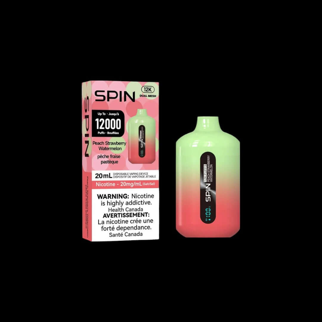 Spin 20mL, Peach Strawberry Watermelon flavour, buy 2 get 1 free offer, fresh fruity vape experience popular among Ontario and Quebec customers.