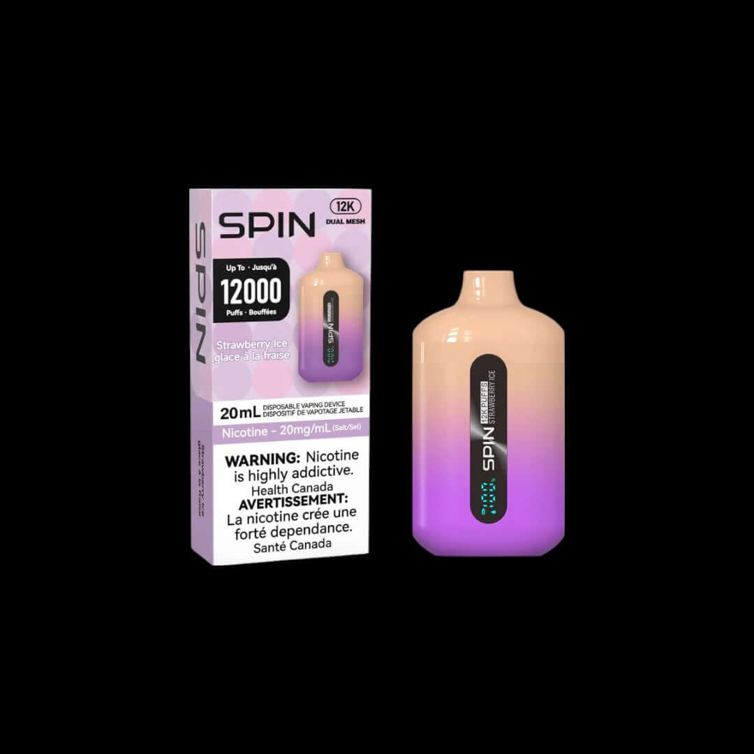 Spin 20mL disposable vape, Strawberry Ice flavour, long-lasting 12K puffs, buy 2 get 1 free offer, refreshing vape ideal for Ontario and Quebec customers.