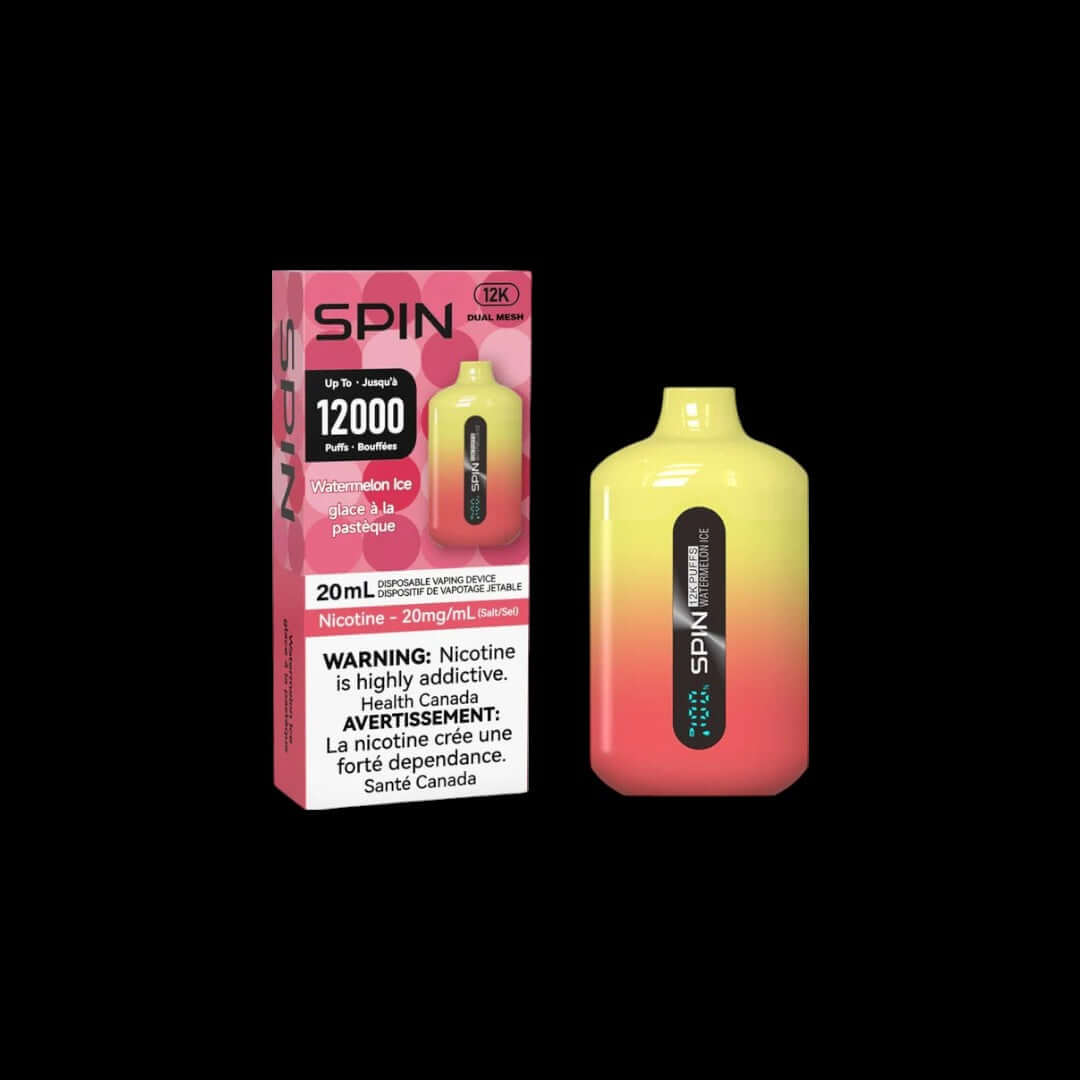 Spin 20mL vape, Watermelon Ice flavour, long-lasting smooth vaping experience, Buy 2 Get 1 Free offer, ideal for Ontario and Quebec customers.