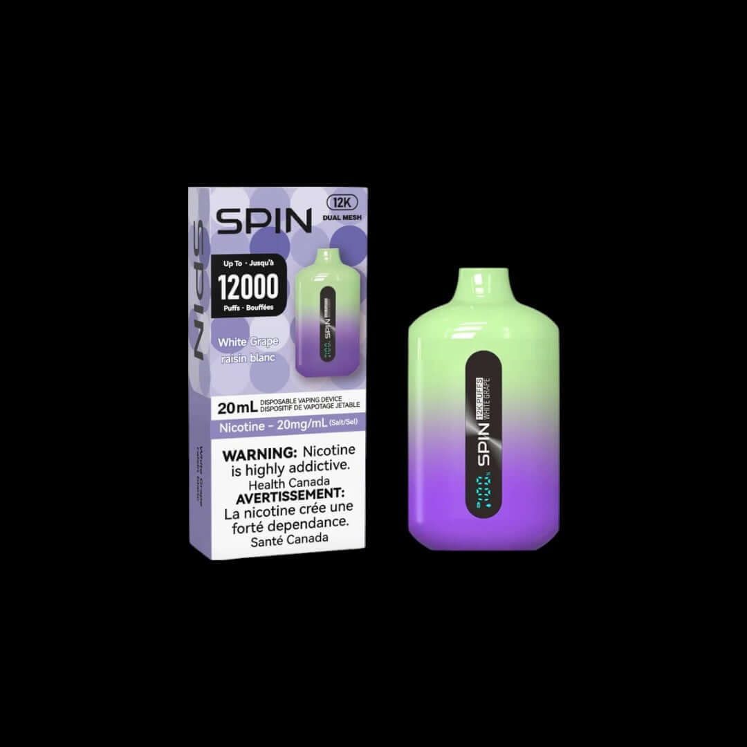 Spin 20mL, White Grape flavour, long-lasting e-cigarette with 12,000 puffs, buy 2 get 1 free offer, ideal for Ontario and Quebec vapers.