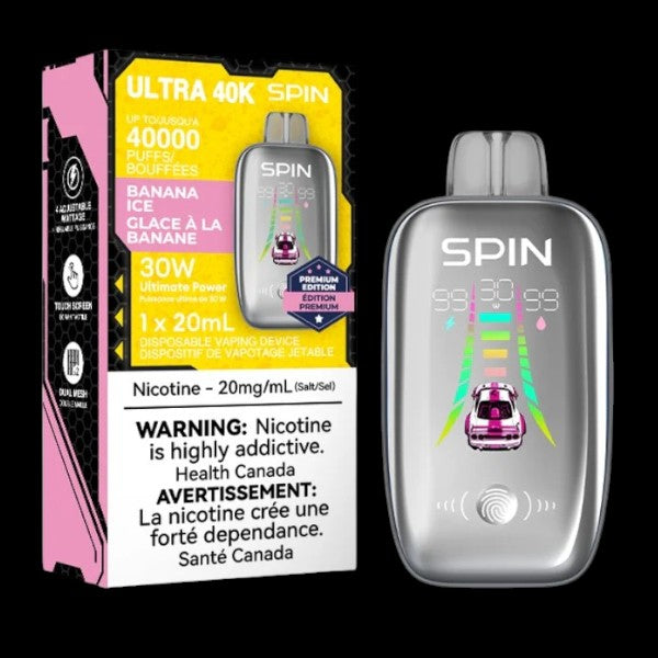 SPIN Ultra 40K, Banana Ice flavour, 30W adjustable wattage vape device, powerful and smooth vaping experience, designed for Ontario and Quebec vape enthusiasts.