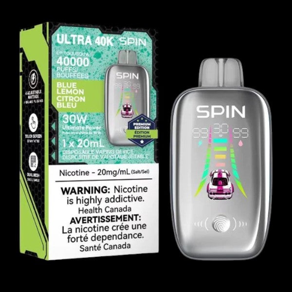 SPIN Ultra 40K, Blue Lemon flavour, adjustable 30W power, 30ml capacity vape device for enhanced vapour production and rich taste, ideal for Ontario and Quebec vapers.