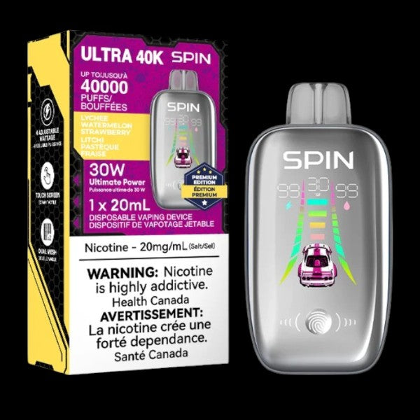 SPIN Ultra 40K, Lychee Watermelon Strawberry flavour, smooth nicotine satisfaction, disposable vape designed for vapers in Ontario and Quebec.