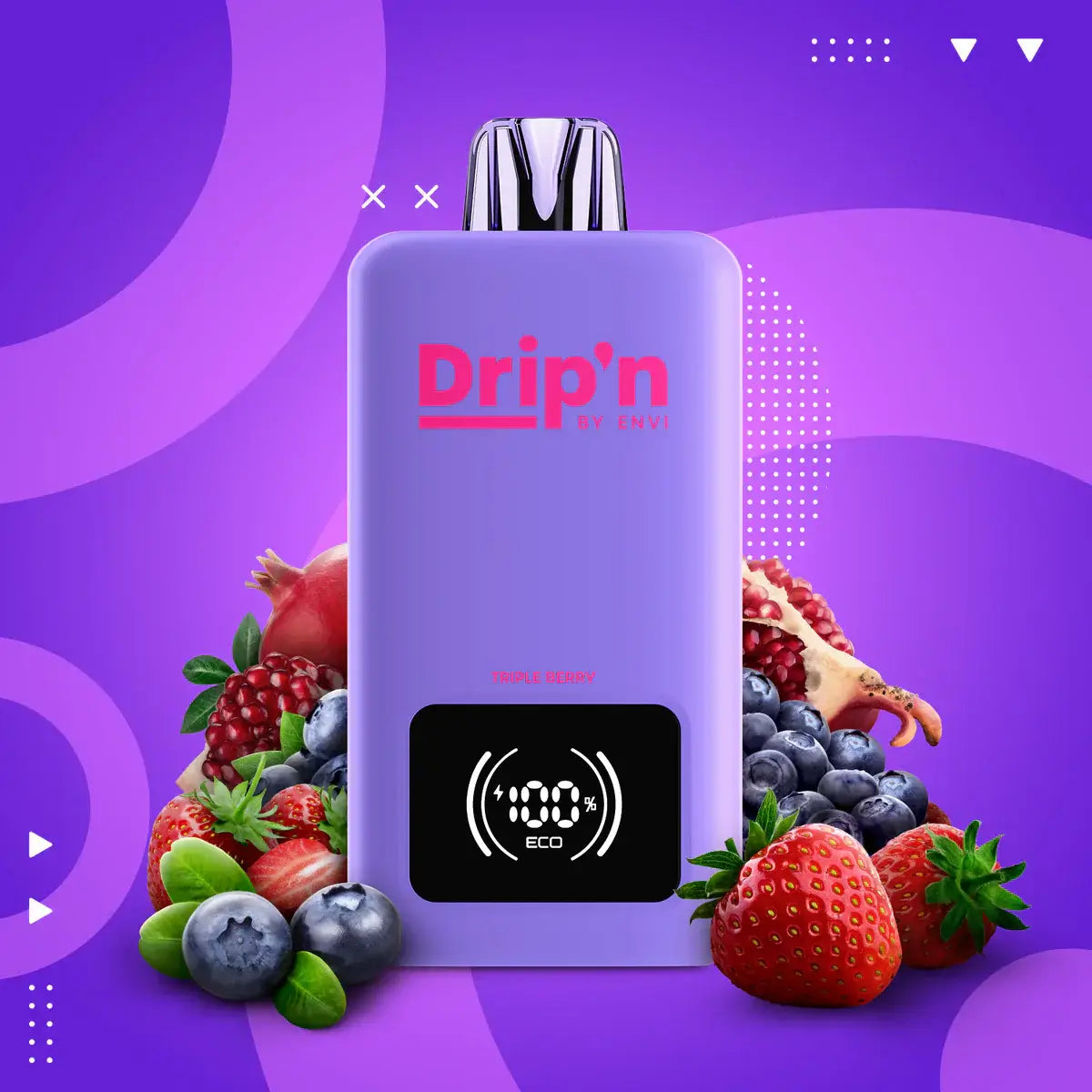 DRIP'N by Envi 26mL Disposable surrounded by vibrant fruits on a colorful background.