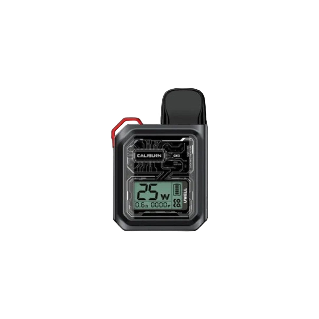 UWELL Caliburn GK3 Pod Kit, Graphite color, 2ml mesh coil pods with 900mAh battery, designed for flavorful mouth-to-lung vaping, ideal for Ontario and Quebec vapers.