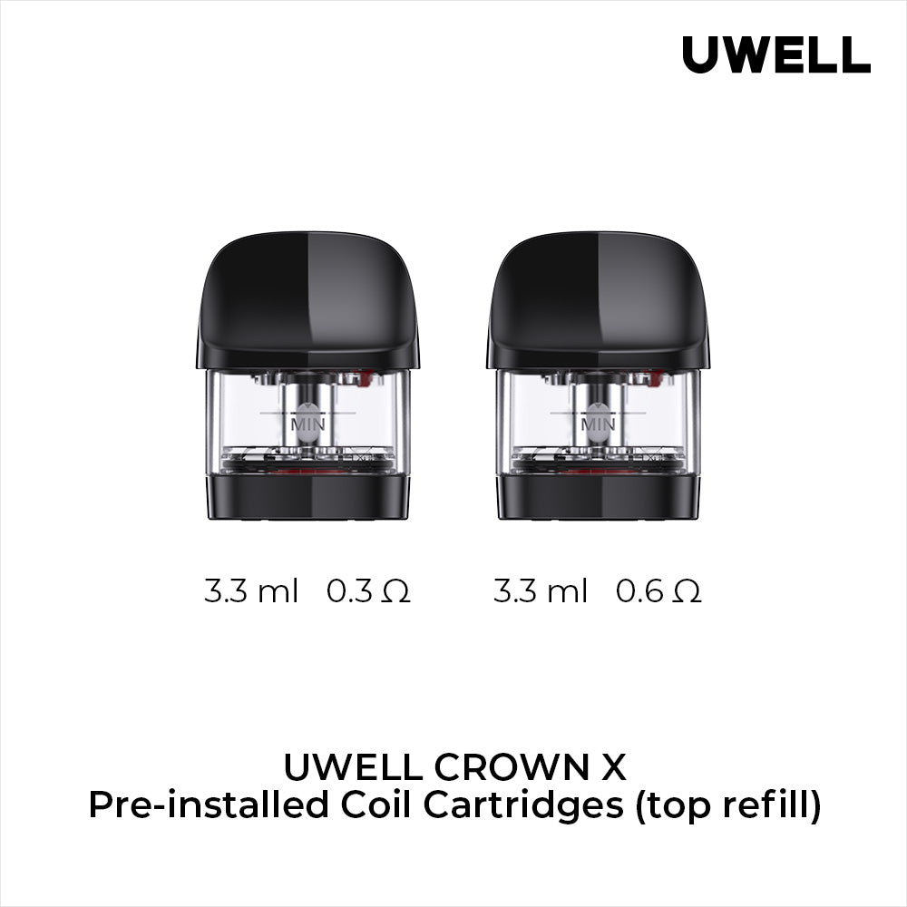 Two UWELL Crown X pre-installed coil cartridges on a white background with specifications displayed.