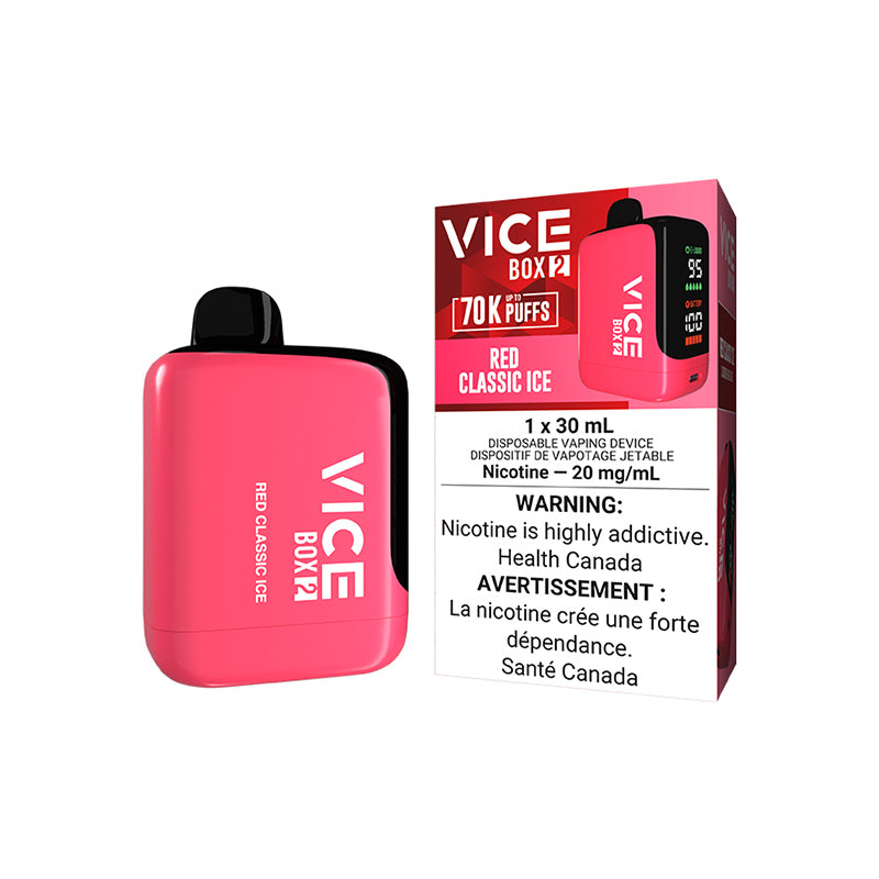VICE Box 2, PEACH ICE flavour disposable vape, up to 70,000 puffs, USB-C rechargeable battery, adjustable airflow, premium vaping device for Ontario and Quebec users.