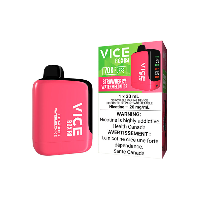 VICE Box 2, ICY ORANGE PEACH flavour, smooth hits with refreshing orange and peach notes, satisfying nicotine delivery, designed for Ontario and Quebec vapers.