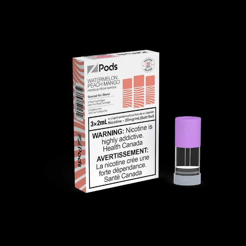 Z Pods, Mango Berry Ice flavour, 20mg nicotine strength, balanced salt nic and freebase blend for a smooth, strong throat hit, ideal for Ontario and Quebec vapers.