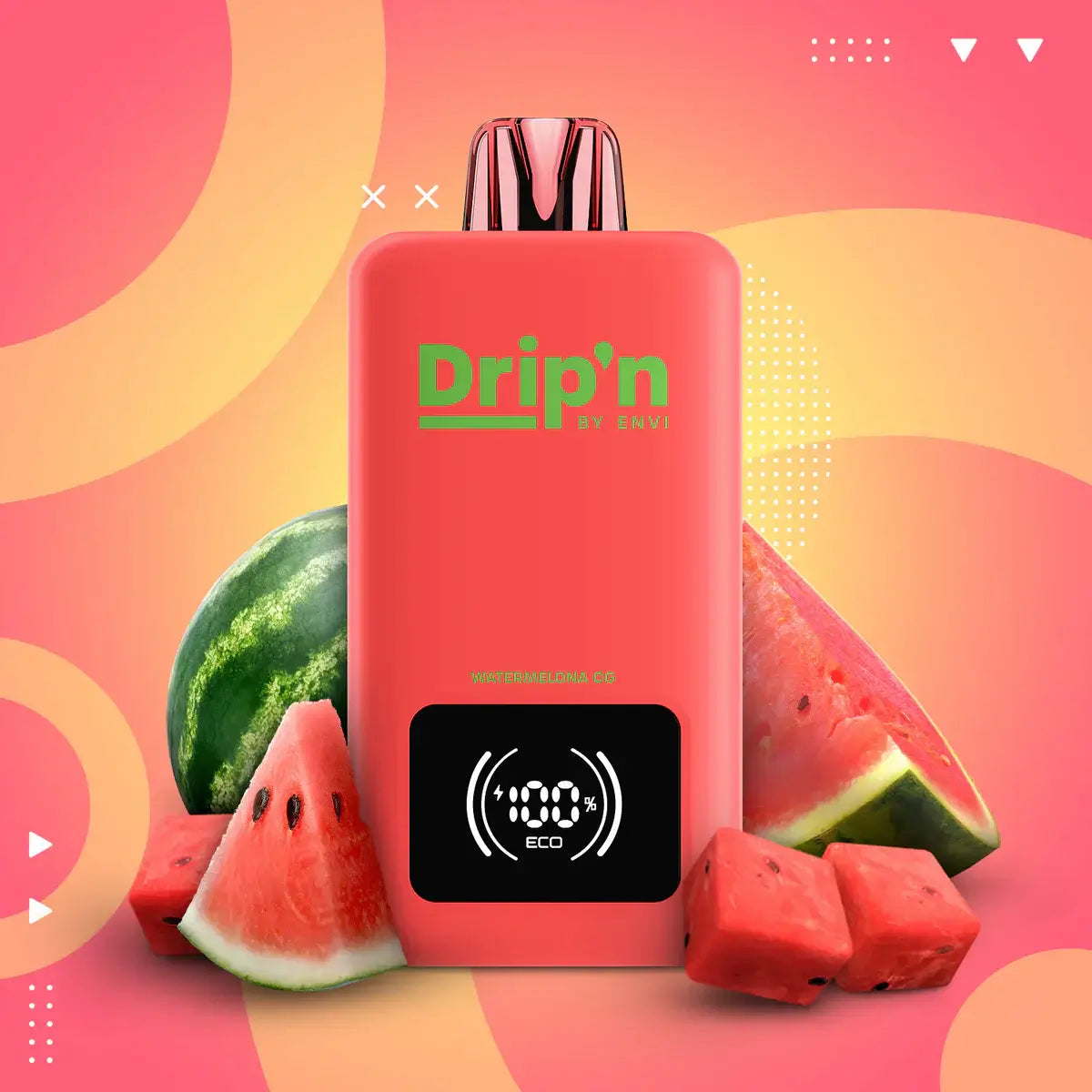 DRIP'N by Envi 26mL Disposable with watermelon, showcasing vibrant design and Eco Mode on the device.