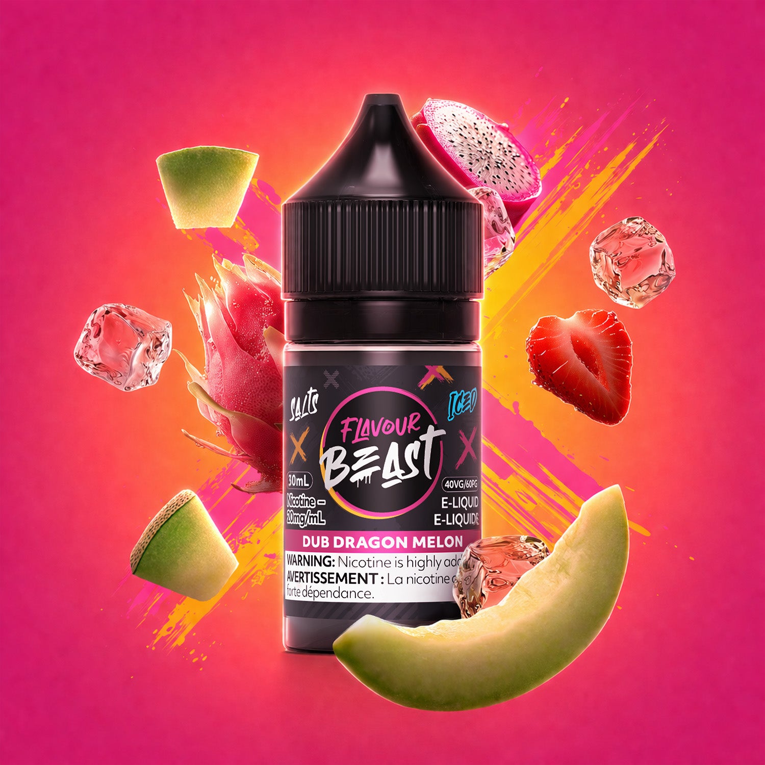 Flavour Beast Dub Dragon Melon Iced 30mL salt nicotine e-liquid, 20mg/mL, exotic dragon fruit and melon with icy menthol exhale, for refillable pod systems, available at Supa Vapes Canada.