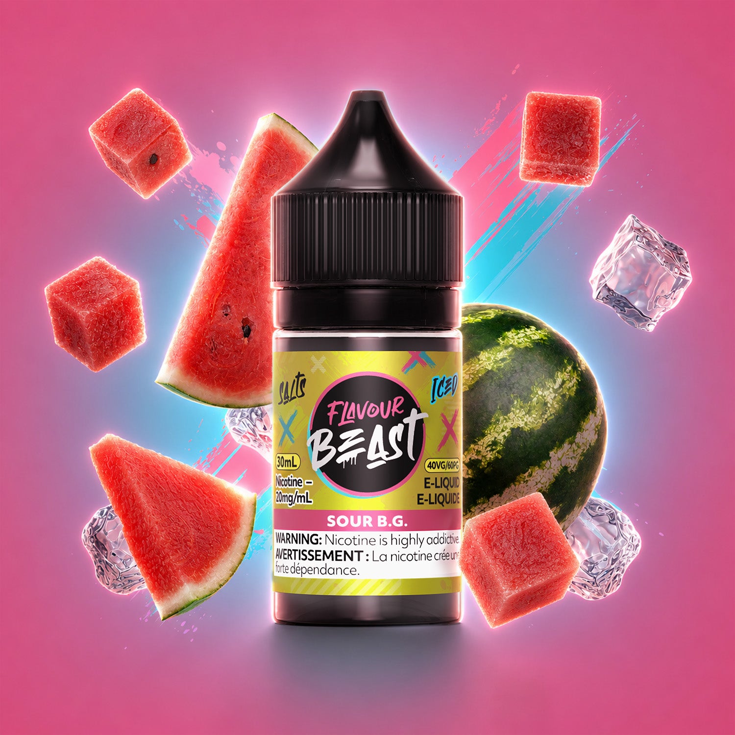 Flavour Beast Sour B.G. Iced 30mL salt nicotine e-liquid, 20mg/mL, sour blue raspberry and grape with iced menthol finish, for refillable pod systems, available at Supa Vapes Canada.