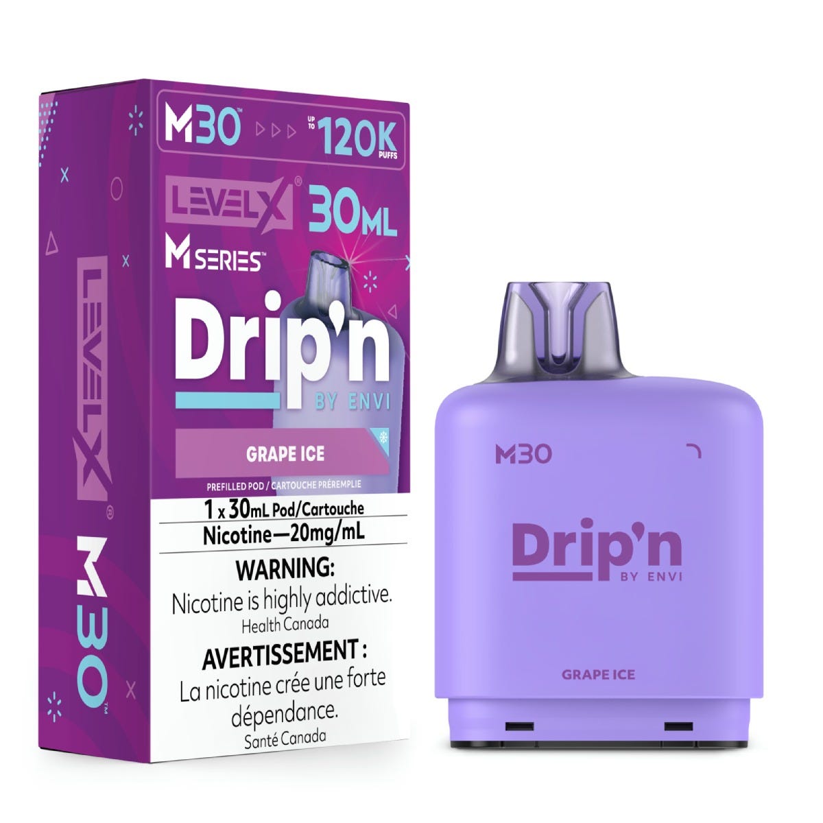Level X Drip'n by Envi M30 pod in Grape Ice flavour, 30mL, 120K puffs | Supa Vapes Canada