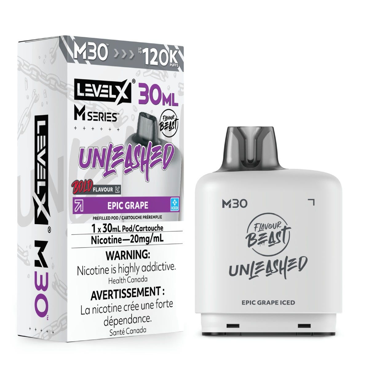 Flavour Beast Level X Unleashed M30 pod in Epic Grape Iced flavour, 30mL, 120K puffs | Supa Vapes Canada